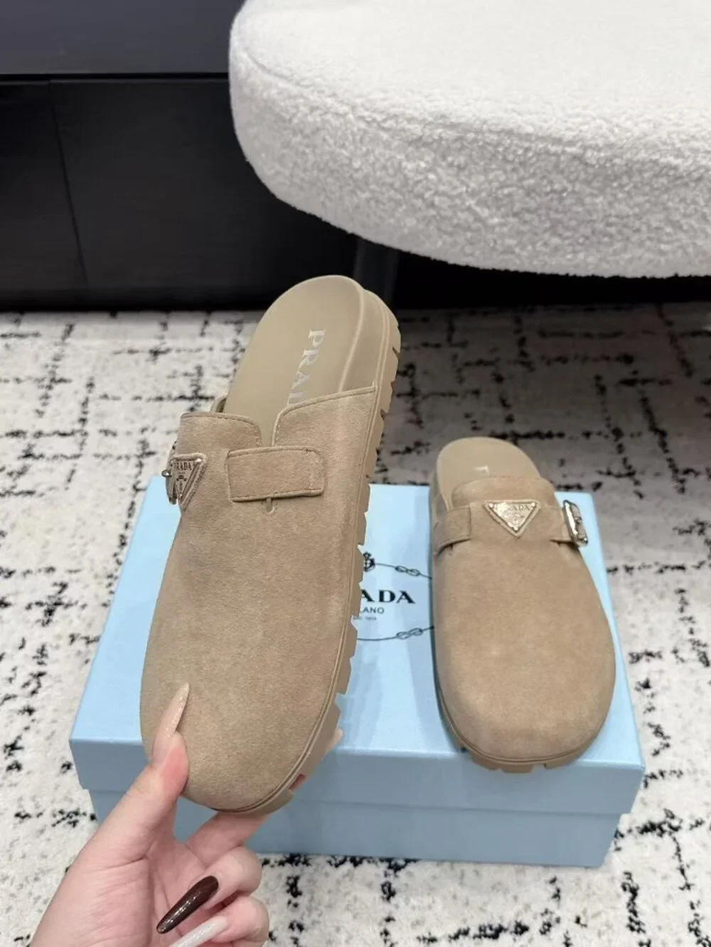 Prada Beige Suede Triangle Logo Buckle Slip-On Mule Clogs